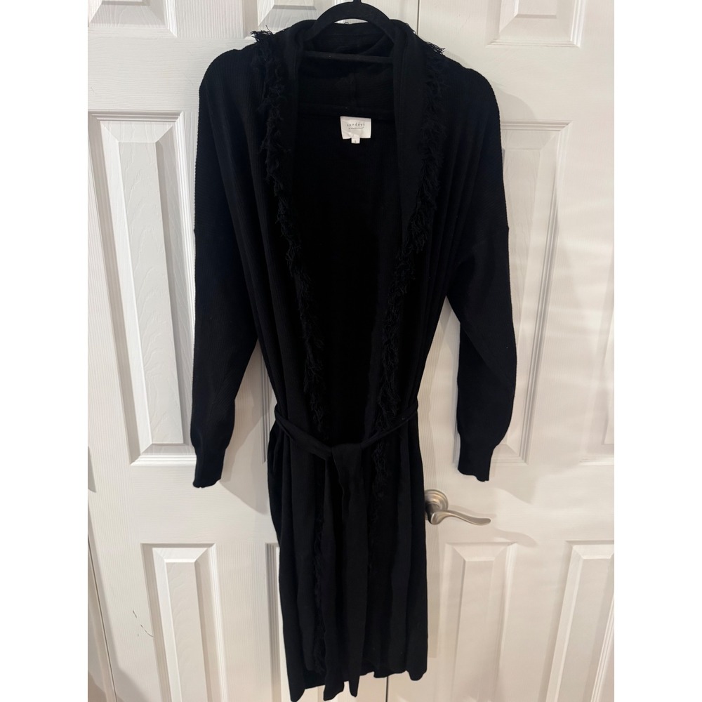 Sundays by We Are Sundays Black Frayed Fringe Long Ribbed Cardigan Sweater Small